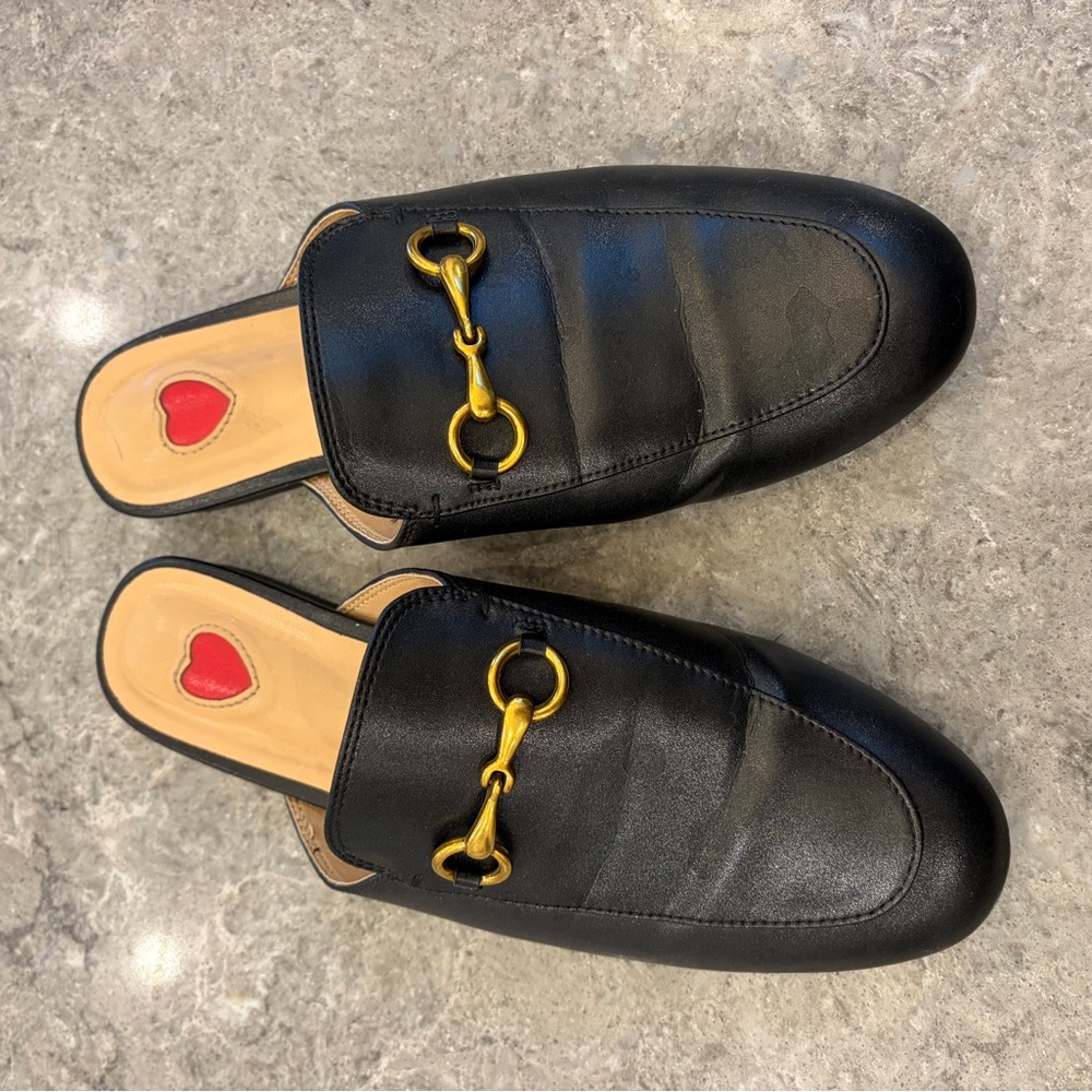 Women’s Black Leather Slip-On Loafers with Gold Bit Detail